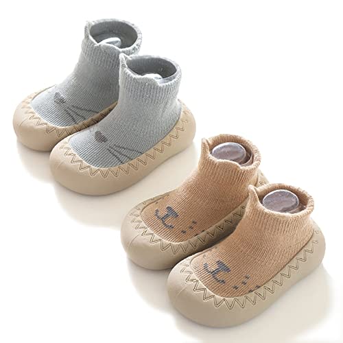 HOVELL Toddler 2 Pairs Anti-Skid Socks Shoes Baby Boys Girls Rubber Sole Indoor First Walking Slippers