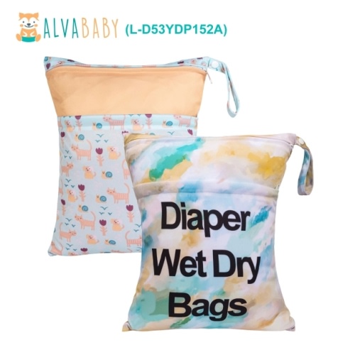 (All packs) 2pcs Cloth Diaper Wet Dry Bags Waterproof Reusable Bags with Two Zippered Pockets Travel Beach Pool Daycare Yoga Gym Bags for Swimsuits or Wet Clothes