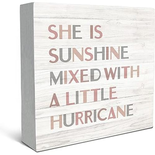 SRADMO She Is Sunshine Mixed with a Little Hurricane Boho Wood Box Sign Desk Decor, Baby Girls Inspirational Quotes Wooden Block Box Sign Decoration For Girls Room Nursery Playroom Shelf Table Decor