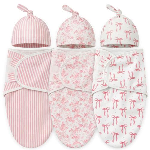 Janmercy 3 Pack Newborn Swaddle Blankets with Matching Hats Soft 100% Cotton Baby Sacks 0-3 Months for Girls Breathable Pink Floral Striped & Bow Print Swaddling Wraps Infant Essentials