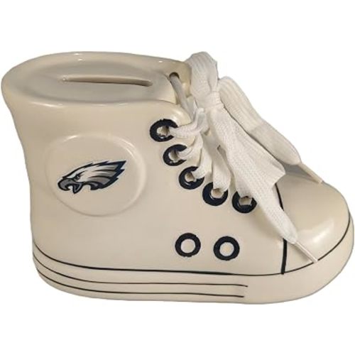 Philadelphia Eagles Ceramic Shoe Piggy Bank by Game Day Outfitters | Ideal Gift for New Parents | Officially Licensed Nursery Keepsake | Removable Rubber Stopper | for NFL Fans and Family