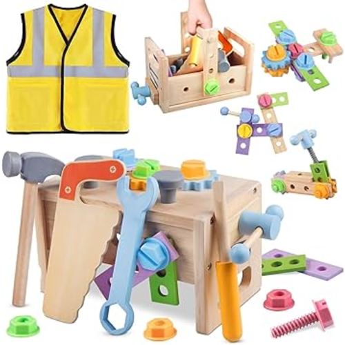 Wooden Kids Tool Set, 30pcs Toy Tools for Toddlers with Vest, Tool Kit Toddler Montessori Stem Learning Educational Toys for 2 3 4 5 Years Old Boys Girls, Birthday Gift for Kids