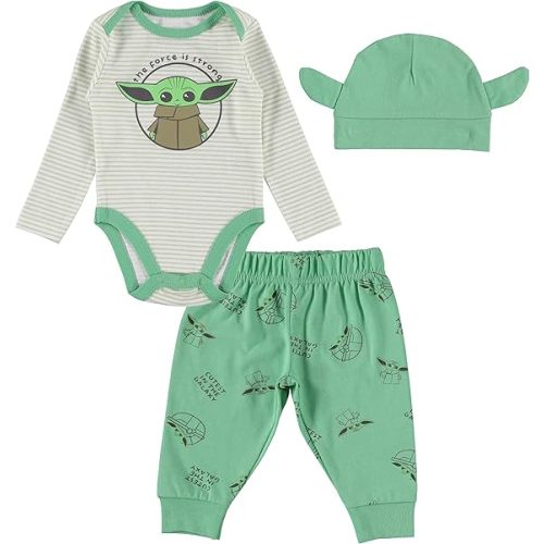 STAR WARS Baby Yoda Boys' 3 Piece Long Sleeve Bodysuit Pull-on Pants and Accessory