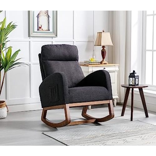 Antetek Modern Accent Rocking Chair, Upholstered Nursery Glider Rocker for Baby, Comfy Armchair with Side Pocket, Living Room Lounge Arm Chair, High Backrest with Headrest Shape Design (Light Black)