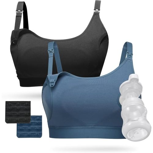 Momcozy Pumping Bra Hands Free, Pumping and Nursing Bra in One Holding Breast Pump for Spectra, Lansinoh, Medela, Black,blue-2pk, X-Large