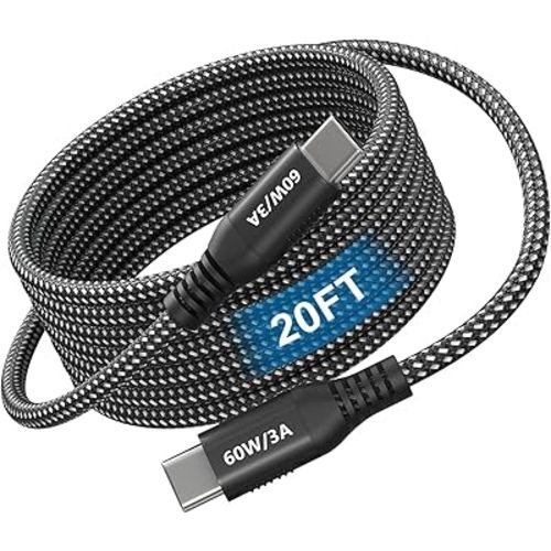 USB C to USB C Cable 20ft, Super Long 60W Type C to C Charging Cord Braided USB 2.0 Data Transfer Long USB C Cable Compatible with iPhone 15/16, Samsung Galaxy, Pixel, Pad Pro/Air, MacBook Pro/Air