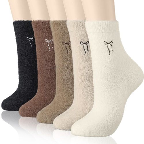 Geyoga 5 Pairs Women's Bow Fuzzy Socks Winter Soft Slipper Socks Coquette Stuff Fluffy Thick Spa Home Sleeping