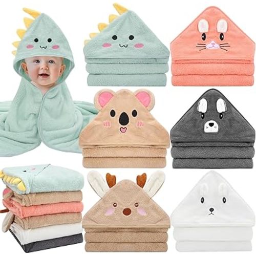 6 Pack Baby Hooded Bath Towels, Premium Ultra Soft Absorbent Coral Fleece Bath Towel Set for Newborns, Infants, Toddlers, and Kids, 31.5 X 31.5 Inch Hooded Towel for Boys and Girls