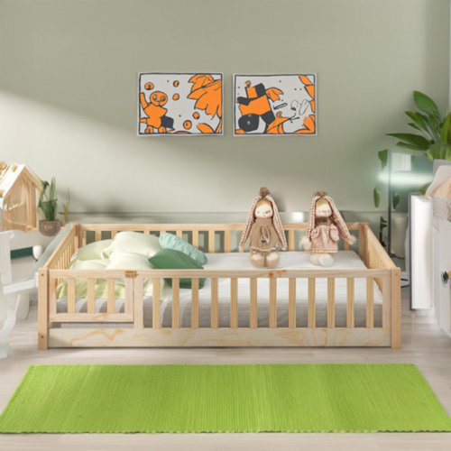 Harriet Bee Floor Platform Bed With Fence Guardrails And Door & Reviews | Wayfair