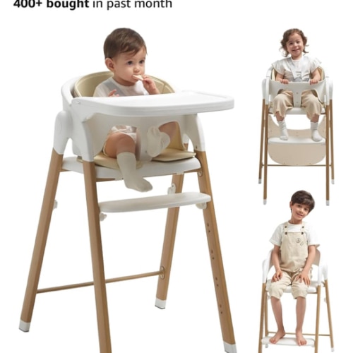 KUB High Chair for Babies and Toddlers Adjustable Foldable Convertible 5 Point Harness Easy Clean Wood-Printed Metal with Removable Tray Baby Highchair for Family (White&Natural Wood-Printed Metal)