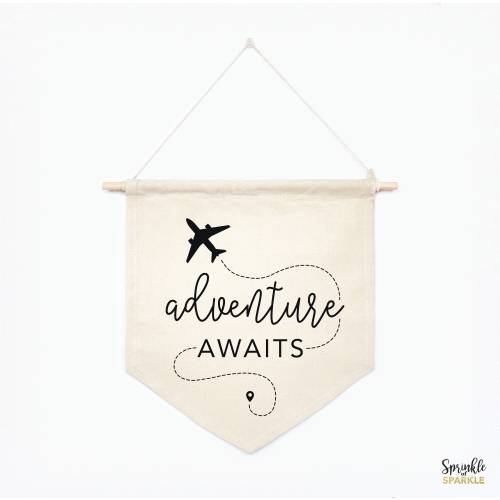 Adventure Awaits Banner, Airplane World theme Canvas Banner, Nursery Wall Art, Kids Room Wall Decor, Custom Canvas Banner, Boys Girls Room