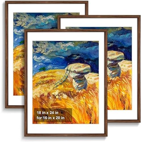Rustic Walnut 18x24 Frame - Set of 3, 18 x 24 Poster Frame with Mat for 16x20, Picture Frames for Artwork, Puzzles, Photos and Movie Posters