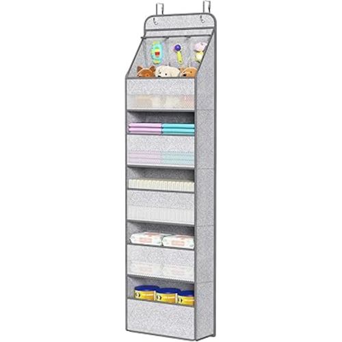 Univivi 6-Shelf Over Door Hanging Organizer Fabric Baby Door Storage with 5 Large Pockets and 3 Small PVC Pockets Wall Mount Hanging Storage Organizers for Baby Essential (Grey Pattern)