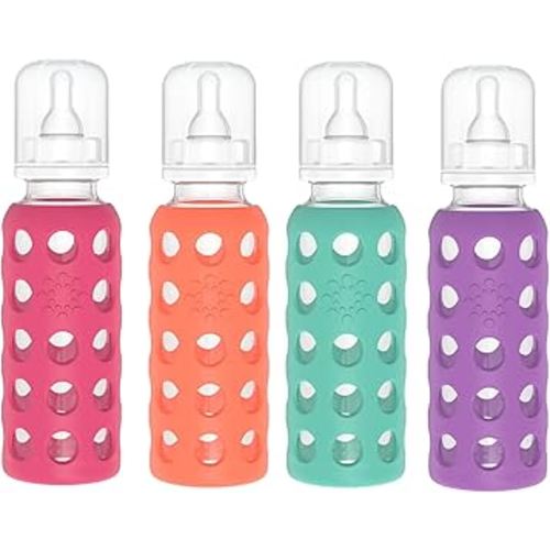 Lifefactory Glass Baby Bottles with Silicone Protection - 4-Pack, 9 oz Each Bottle (1- Raspberry, 1- Papaya, 1- Kale & 1- Grape)
