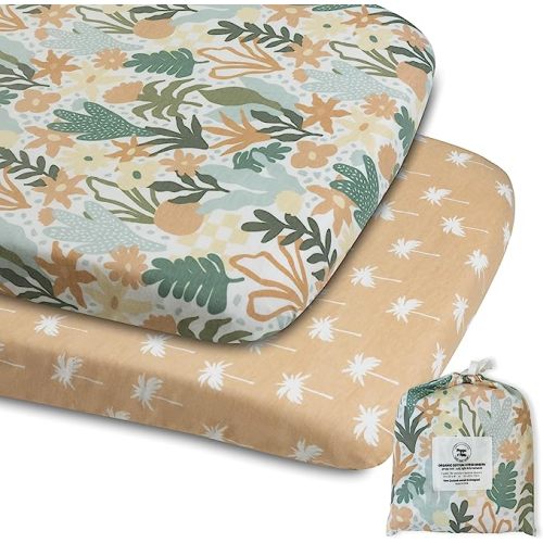100% Organic Cotton Baby Bassinet Sheets for Bedside Sleepers Compatible with Mika Micky, Maxi C0Sl, Ronbei, Amke, Baby Joy, Cloud Baby, Koola Baby – 33 x 20” – Palm Springs – 2 Pack - Palm Springs Tropical Garden - for Bedside Sleeper Bassinets 20 x 33",
