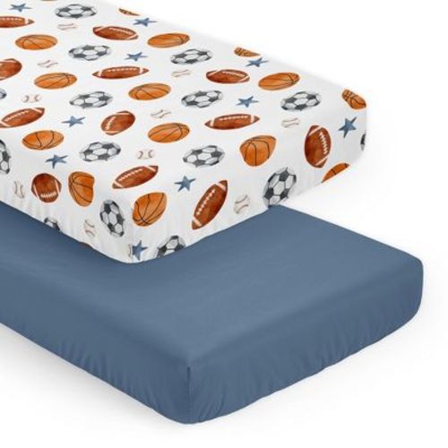 Sweet Jojo Designs Boy Fitted Crib Sheets Set Watercolor Sports Theme Blue Brown and Orange 2pc