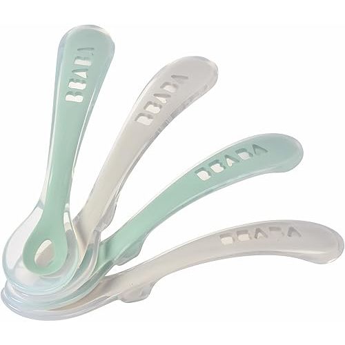 BEABA Second Stage Silicone Spoons for Self Feeding Babies, The Original Soft Tip Silicone Spoons, BPA Lead Phthalate and Plastic Free, Great Gift Set (4 Pack) (Sage)