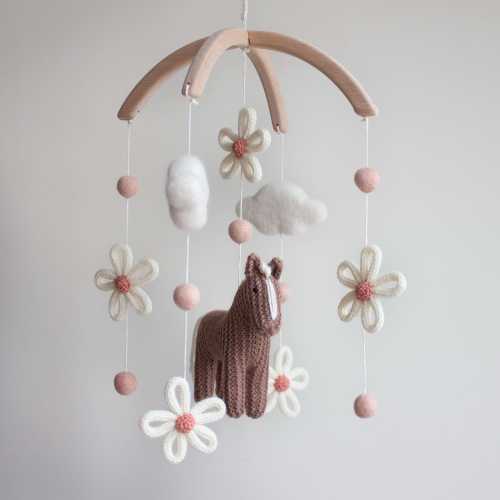 Floral Horse Baby Mobile: Knitted Boho Farm Nursery Decor with Pony, Daisies and Clouds