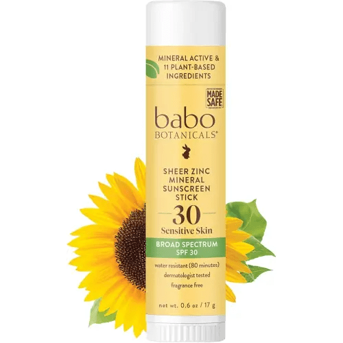 Babo Botanicals Sheer Zinc Mineral Sunscreen Sport Stick SPF30- Natural Zinc Oxide- Shea Butter- Fragrance-Free - Water Resistant - Made Safe Certified