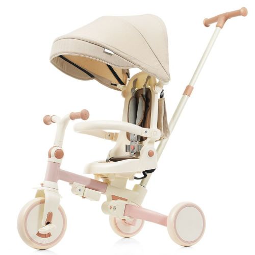 7-in-1 Foldable Toddler Tricycle with Adjustable Parent Handle, Removable Pedal, Canopy & Guardrail, Trike for Kids 12-72 Months, Pink - Merax