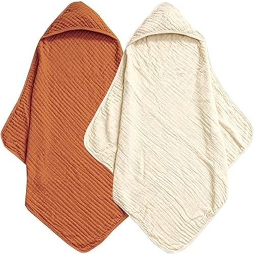 david's kids 2 Pack Hooded Baby Towels, 100% Muslin Cotton 6-Layer Ultra Soft Breathable Absorbent Baby Bath Towels for Infant Toddler and Kids, Newborn Essentials, Large 32x32Inch, Beige & Brown
