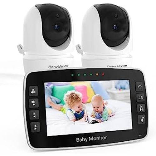 Baby Monitor with 2 Cameras, 4.3" LCD Split-Screen Video Baby Monitor with Camera and Audio NO WiFi, Remote Pan/Tilt/Zoom, Auto Night Vision,Two-Way Talk,Temperature Sensor,VOX Mode, Lullabies