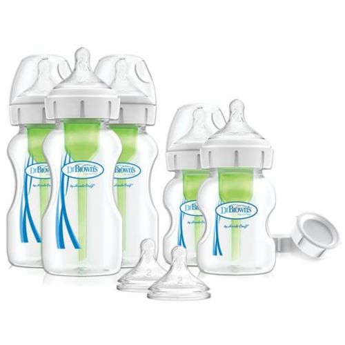 Dr. Brown’s Natural Flow Anti-Colic Options+ Wide-Neck Baby Bottle Newborn Feeding Set with Baby Bottle Travel Caps, 3x9oz, 2x5oz, 2 nipples, 2 cap
