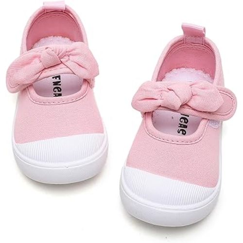 Toddler Girl's Canvas Sneakers Bowknot Mary Jane Flat Shoes for Kids School Uniform Shoes Dress Shoes…