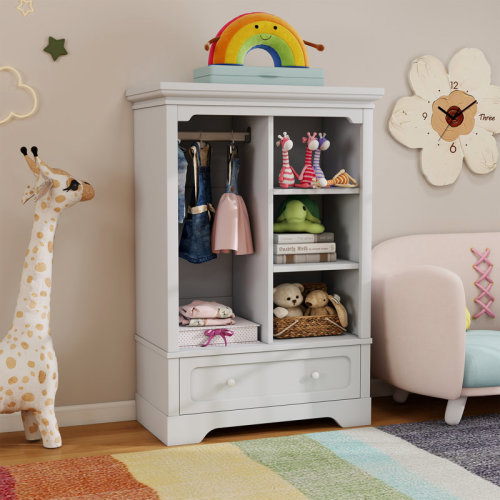 Harriet Bee Open Wooden Kids Wardrobe With Hanging Rod,Storage Shelves And A Large Drawer | Wayfair