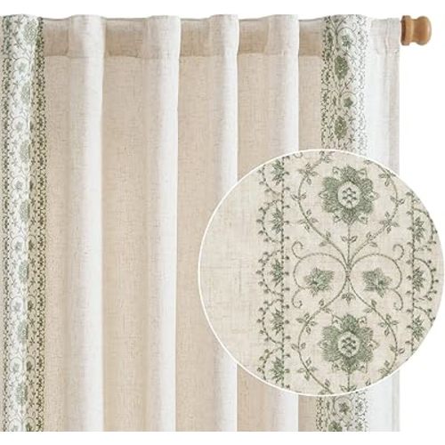 jinchan Boho Lined Linen Curtains for Bedroom Sage Green Vintage Floral Spring Farmhouse Curtains 96 Inches Long Linen Blend Drapes for Living Room Embroidered Drapes Sage on Beige 2 Panels