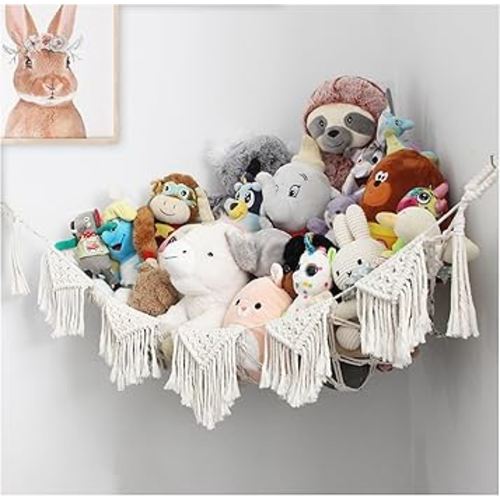 Huddle Supply Co Macrame Stuffed Animal Hammock Corner Stuffy Net - Extra Large Washable Boho Macrame Toy Hammock for Stuffed Animals, Easy Install Toy Net for Stuffed Animals Storage - Ivory White