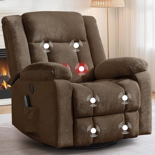Korser Rocker Recliner, Glider Recliner Chairs for Adults, 360° Swivel Rocking Chair with Massage and Heating, Nursery Chair with Storage and USB Charging, Walnut Brown, Swivel Rocker Recliner