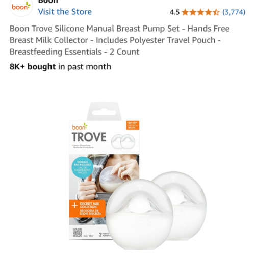 Boon Trove Silicone Manual Breast Pump Set - Hands Free Breast Milk Collector - Includes Polyester Travel Pouch - Breastfeeding Essentials - 2 Count