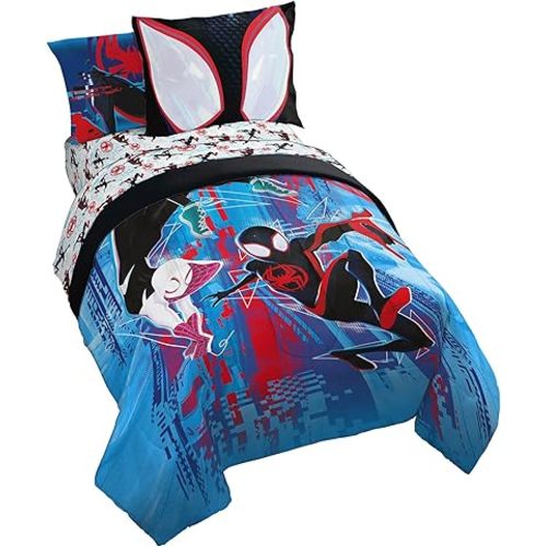 Marvel Spiderman Across The Spider-Verse Glitch 5 Piece Twin Size Bed Set - Includes Comforter & Sheet Set Bedding - Super Soft Fade Resistant Microfiber (Official Product)