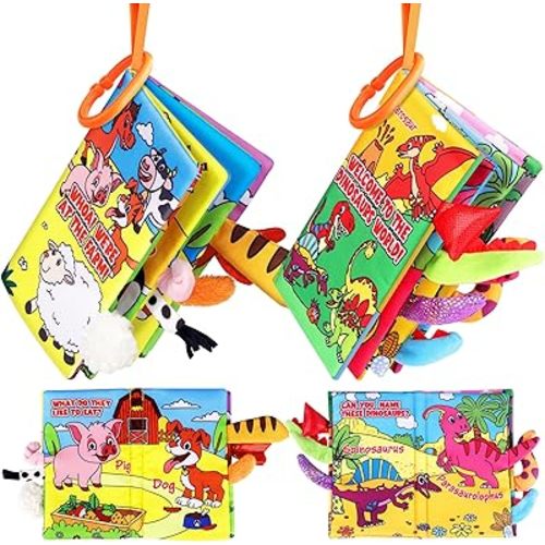 Soft Baby Books for 0-18 Months, 2PCS Crinkle Cloth Books - Dinosaur and Farm Themes, Tummy Time Toys for Infants 0-6-12-18 Months, Sensory Books for Babies, Ideal Christmas