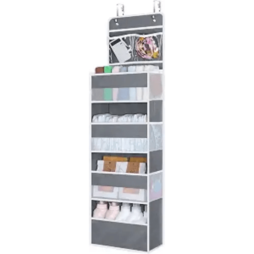 Univivi Over The Door Organizer, 5 Shelf Door Hanging Organizer Nursery Door Storage with 4 Large Compartments and 2 Small PVC Pockets 6 Side Pockets for Bathroom,Cosmetics and Nursery Baby Essential