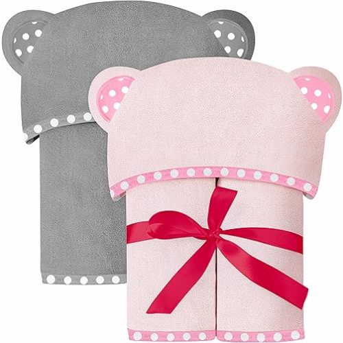 Set of 2 Hooded Baby Towels – Pink and Grey – Luxurious, Large and Super Absorbent – 30 x 30 Inch – Soft and Suitable for Infants, Toddlers and Kids – 400 GSM