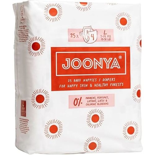 Joonya Baby Diapers, Size 4 L (15-31 lb) - 1 Bag of 25 - **New Range** - NonToxic, Eco-Friendly, Ultra Slim, Overnight Use - Made in Denmark