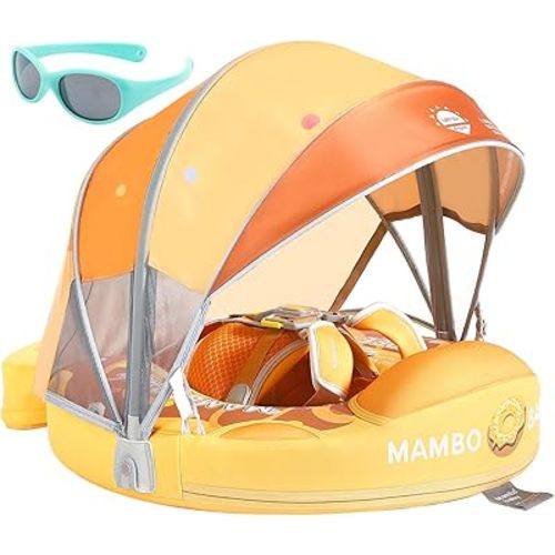 Mambobaby Float with Canopy and Tail New Upgraded Non-Inflatable Baby Pool Float Mambo Float Swim Trainer Solid Infant Swim Float Adjustable Pearl Foam Baby Swim Ring