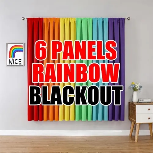 THOOO 6 Panels Blackout Curtains Rainbow Curtains for Bedroom Living Room 72 Inches Long Room Darkening Rod Pocket Curtains Backdrop Curtains Colorful Drapes Red, Orange, Yellow, Green, Blue, Purple
