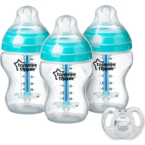 Tommee Tippee Advanced Anti-Colic Bottle Starter Set | 3X 9oz Bottles, Breast-Like Nipples, Unique Anti-Colic Vent | 0-6m Ultra-Light Silicone Pacifier