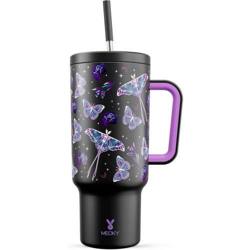 Meoky 40 oz Glow in the Dark Tumbler with Handle and Straw, Tumbler with Lid and Straw, Insulated Stainless Steel Travel Mug, 100% Leak-proof, Keeps Cold for 34 Hours (Butterfly)