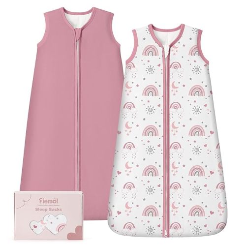 Rayon Made from Bamboo Baby Sleep Sack 6-12 Months, 1.0 Tog Baby Wearable Blanket, Soft Sleeping Bag for Newborn Infant Babies with 2-Way Zipper 2 Pack (Medium) Pink Rainbow
