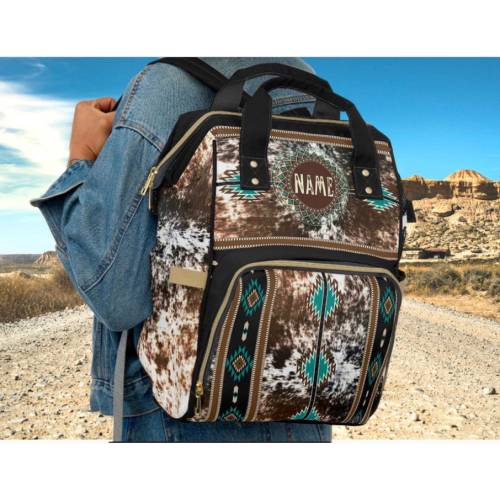 Personalized Cowhide Print Diaper Backpack | Western monogrammed baby bag | custom southwestern travel bag | new mom present | cowgirl bag