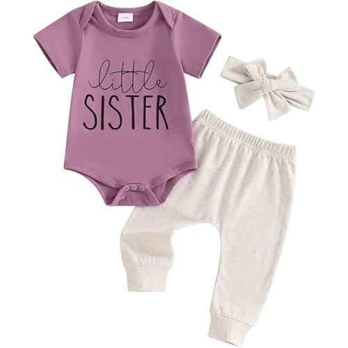 Newborn Baby girl clothes little sister Romper Lil Sis Short Sleeve Tshirt Pants Headband Summer Infant Clothes