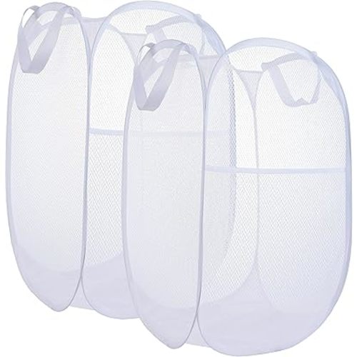 2 Pack Laundry Basket,Foldable Mesh Pop-up Laundry Hamper with Durable Handle,Easy to Open and Fold for Dorm, Laundry Room, Bedroom, RV… (White+Black)