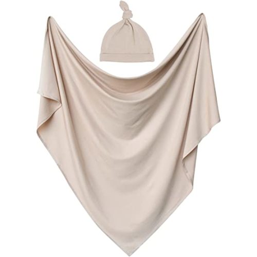OWLOWLA Swaddle Blanket and Hat Set Newborn Swaddle Wrap Baby Receiving Blanket for Baby Boys Girls(Sand)