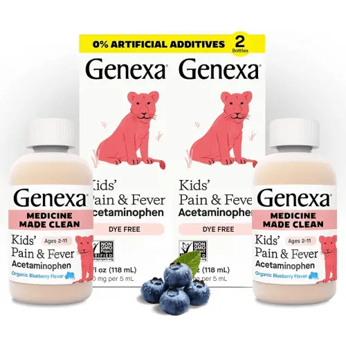 Genexa Kids’ Clean Pain & Fever Acetaminophen, Dye Free, 0% Artificial Additives, Delicious Organic Blueberry Flavor, Liquid Oral Suspension Medicine, Children 2-11, 160 mg per 5mL, 8 fl oz (2 Pack)