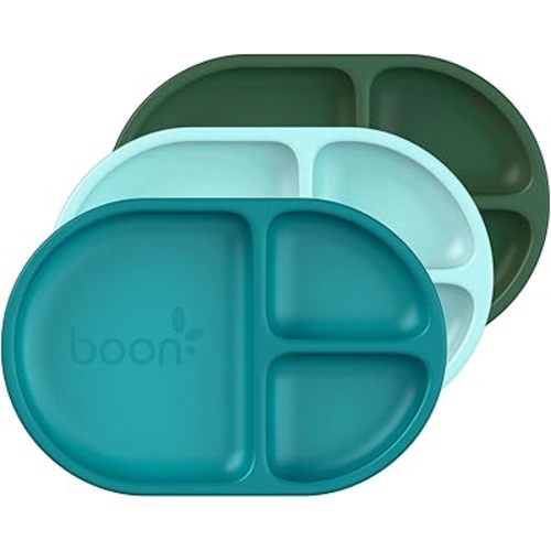Boon Chow Silicone Plate Set - 3 Unbreakable Divided Toddler Plates - Baby Plates for 6 Months and Up - Baby Led Weaning Supplies - Blue Multicolor