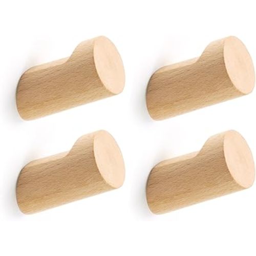 Wood Wall Hooks for Hanging, 4 Pack Hat Hooks for Walls, Coat Hooks Wall Mount, Decorative Backpack Hook for Coat, Bag (Beech)